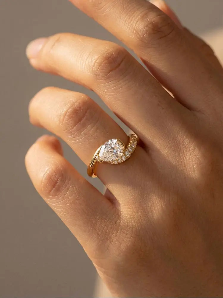 Water Drop 1 Gem Color 925 Sterling Silver Teardrop CZ Wedding Band for Women